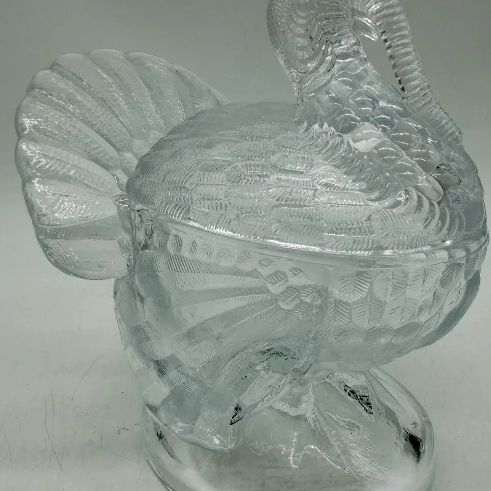 Clear Pressed Glass Turkey Candy Dish Thanksgiving Lidded Centerpiece Vintage